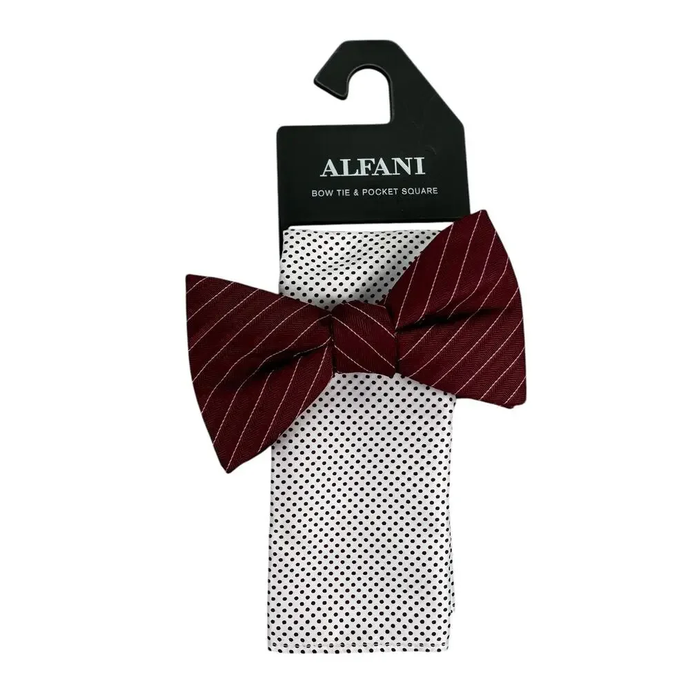 Alfani Mens Ozark Stripe Dot Print Bow Tie & Pocket Square Set Burgundy Red OS